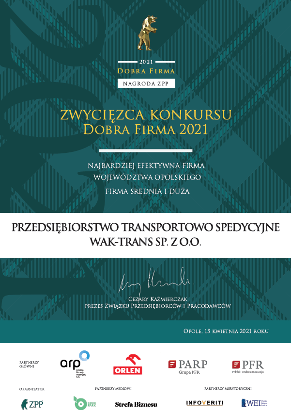 Wyróżnienie Dobra Firma 2021 WAK-trans